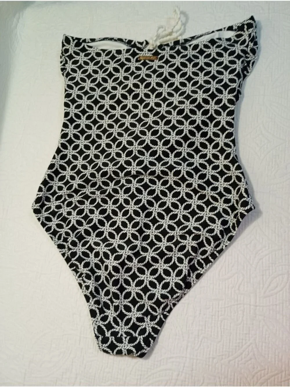 Michael Kors Black & White Rope Print One-Piece Swimsuit Sz 12 Tassel Tie Front